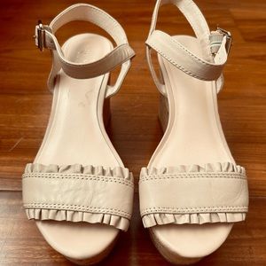 Kate Spade “Tomas” Leather Ruffle Cork Wedge Sandals in Beige Size 6M